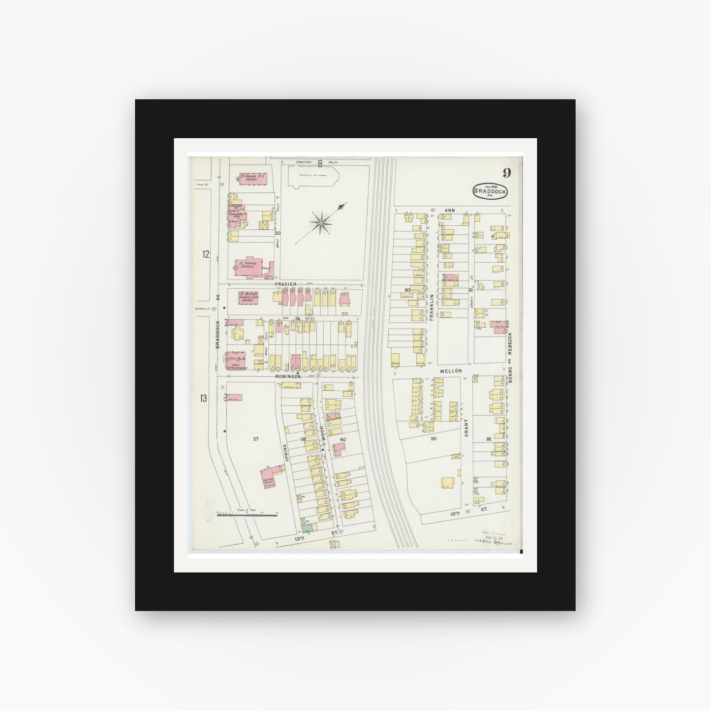 Old map wall art mockup — black gallery frame with white mat — Sanborn Fire Insurance Map from Braddock, Allegheny County, Pennsylvania (1896), Sheet #0009