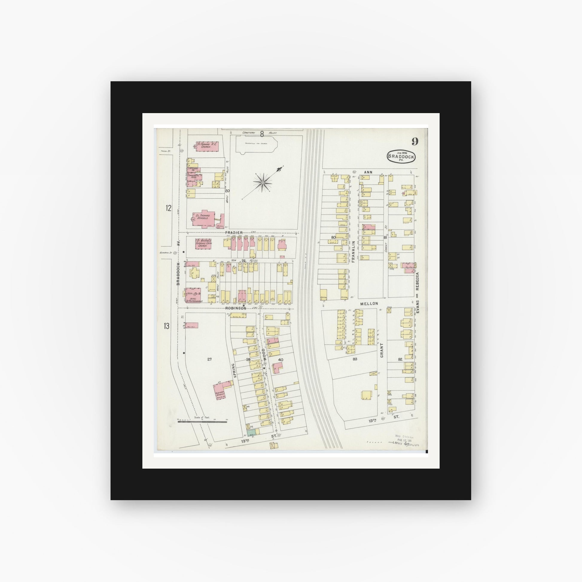 Old map wall art mockup — black gallery frame with white mat — Sanborn Fire Insurance Map from Braddock, Allegheny County, Pennsylvania (1896), Sheet #0009