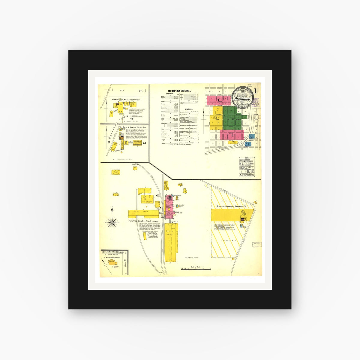 Old map wall art mockup — black gallery frame with white mat — Sanborn Fire Insurance Map from Alvarado, Johnson County, Texas (1902), Sheet #0001