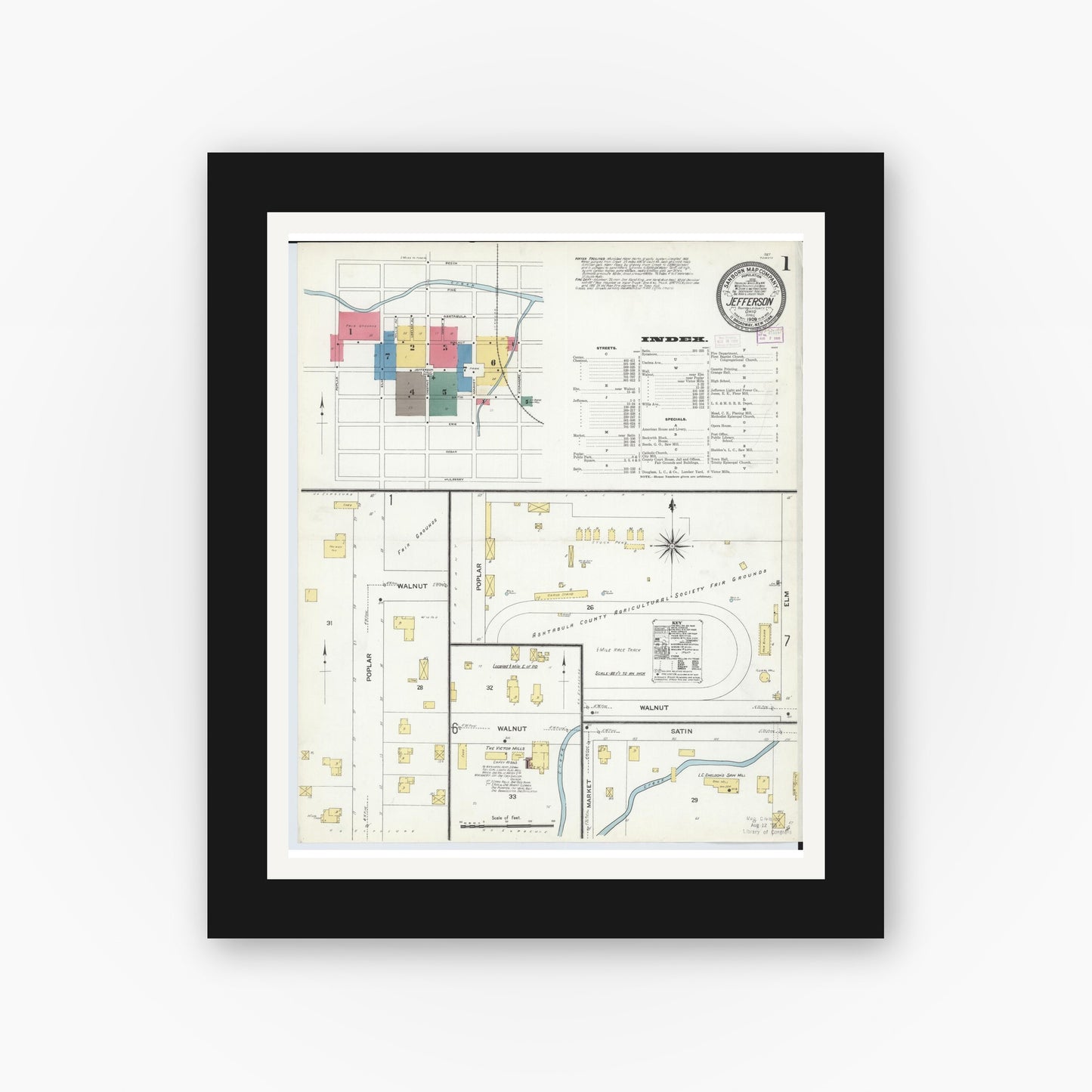 Old map wall art mockup — black gallery frame with white mat — Sanborn Fire Insurance Map from Jefferson, Ashtabula County, Ohio (1909) - Complete Map Set