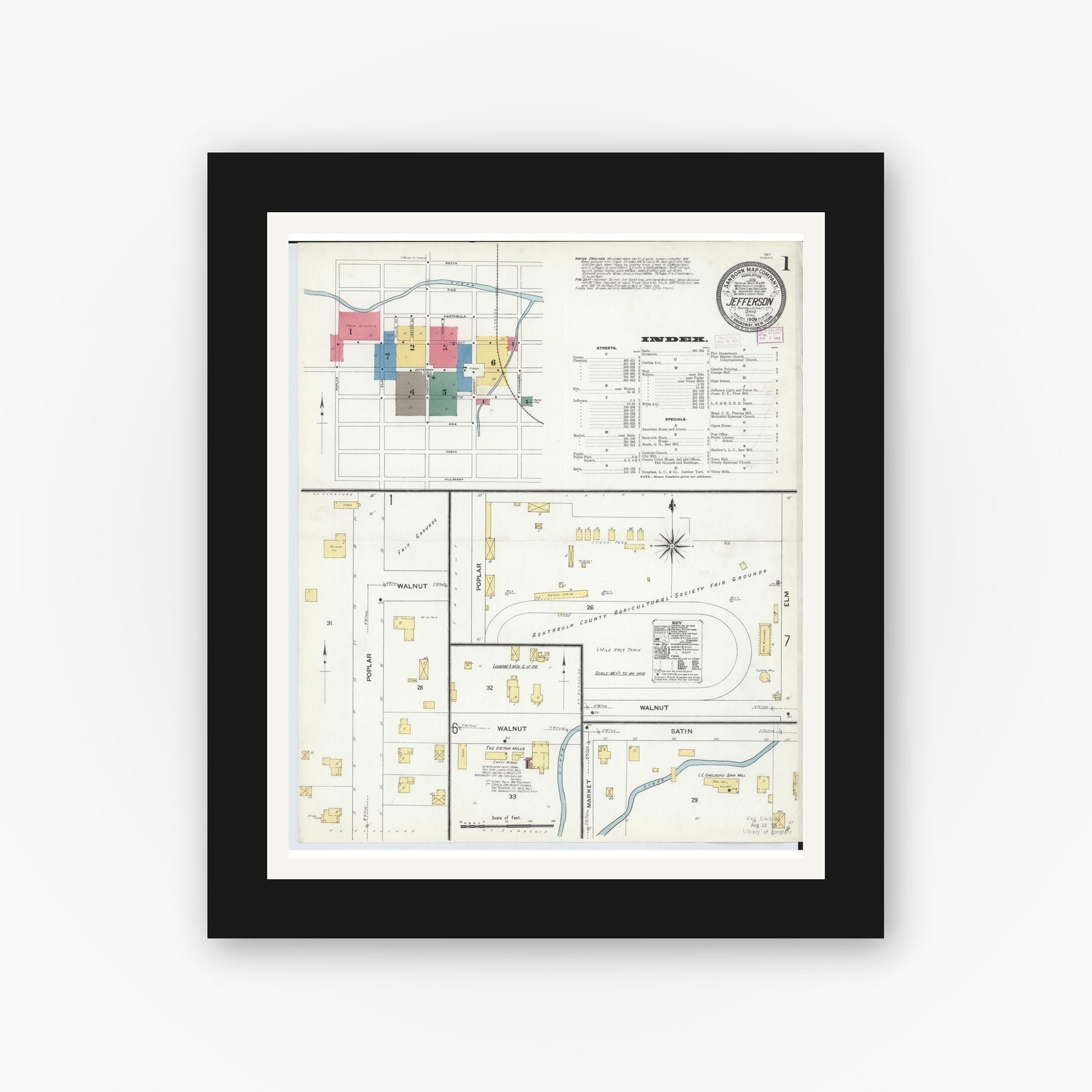 Old map wall art mockup — black gallery frame with white mat — Sanborn Fire Insurance Map from Jefferson, Ashtabula County, Ohio (1909) - Complete Map Set
