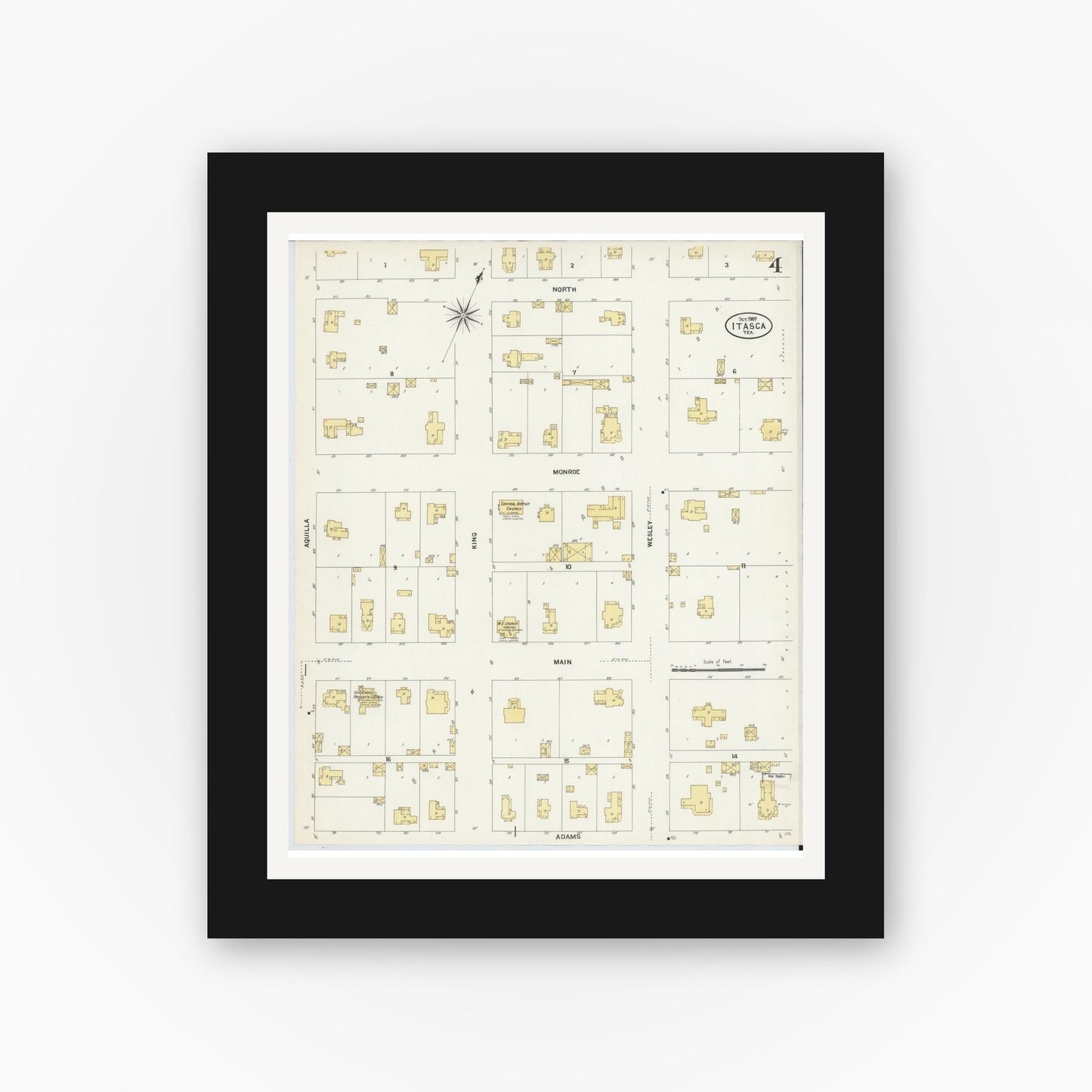 Old map wall art mockup — black gallery frame with white mat — Sanborn Fire Insurance Map from Itasca, Hill County, Texas (1907), Sheet #0004
