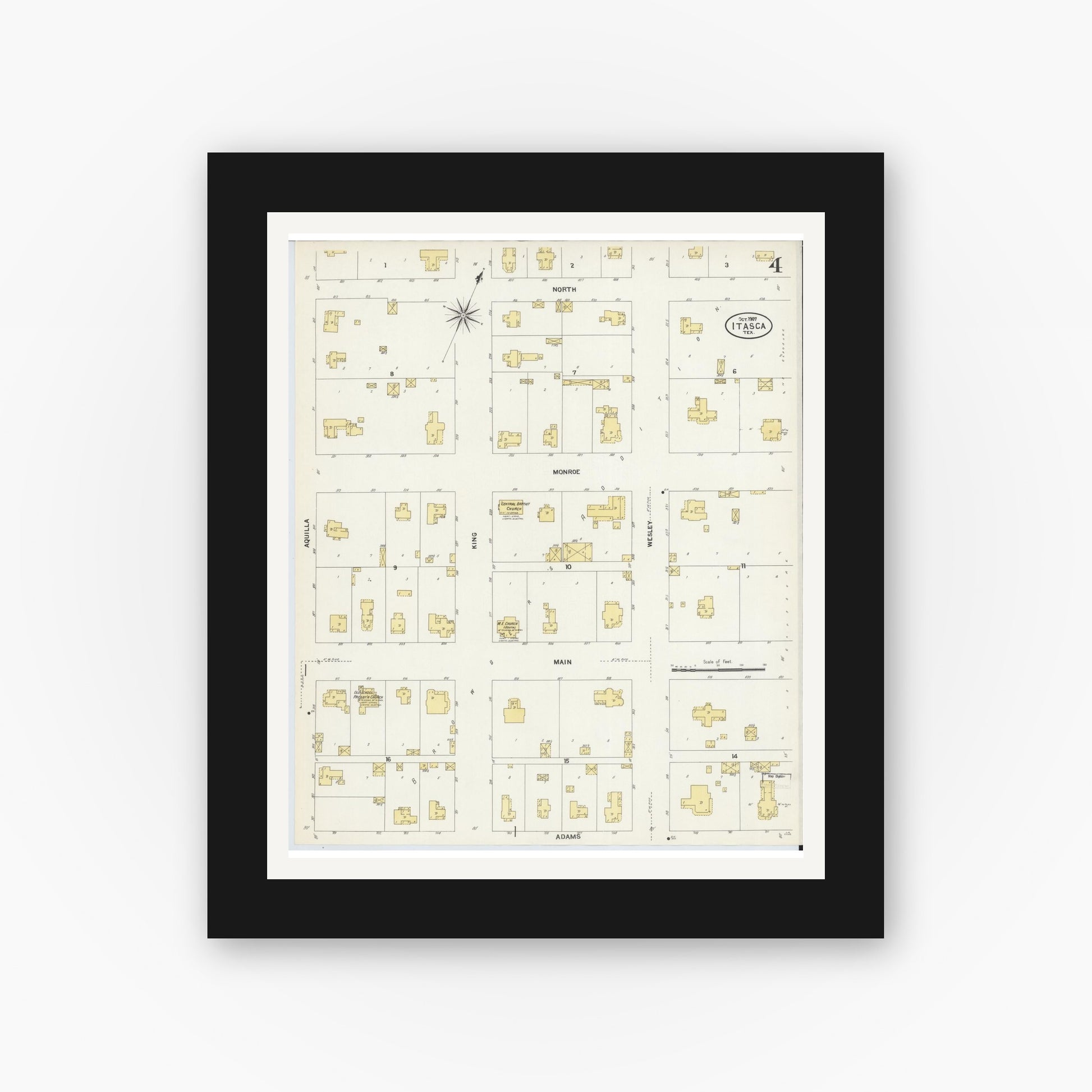 Old map wall art mockup — black gallery frame with white mat — Sanborn Fire Insurance Map from Itasca, Hill County, Texas (1907), Sheet #0004