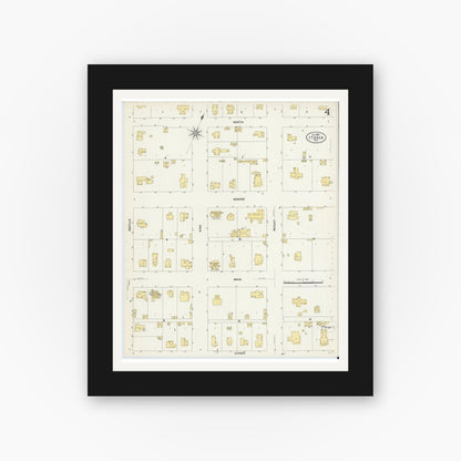 Old map wall art mockup — black gallery frame with white mat — Sanborn Fire Insurance Map from Itasca, Hill County, Texas (1907), Sheet #0004