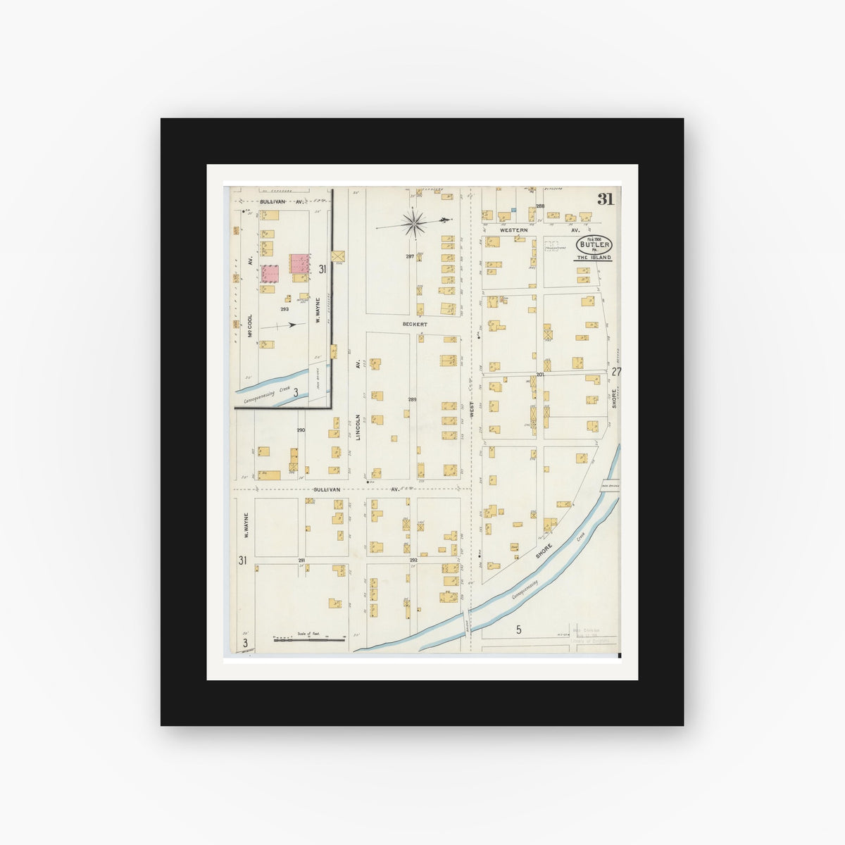 Old map wall art mockup — black gallery frame with white mat — Sanborn Fire Insurance Map from Butler, Butler County, Pennsylvania (1906), Sheet #0031