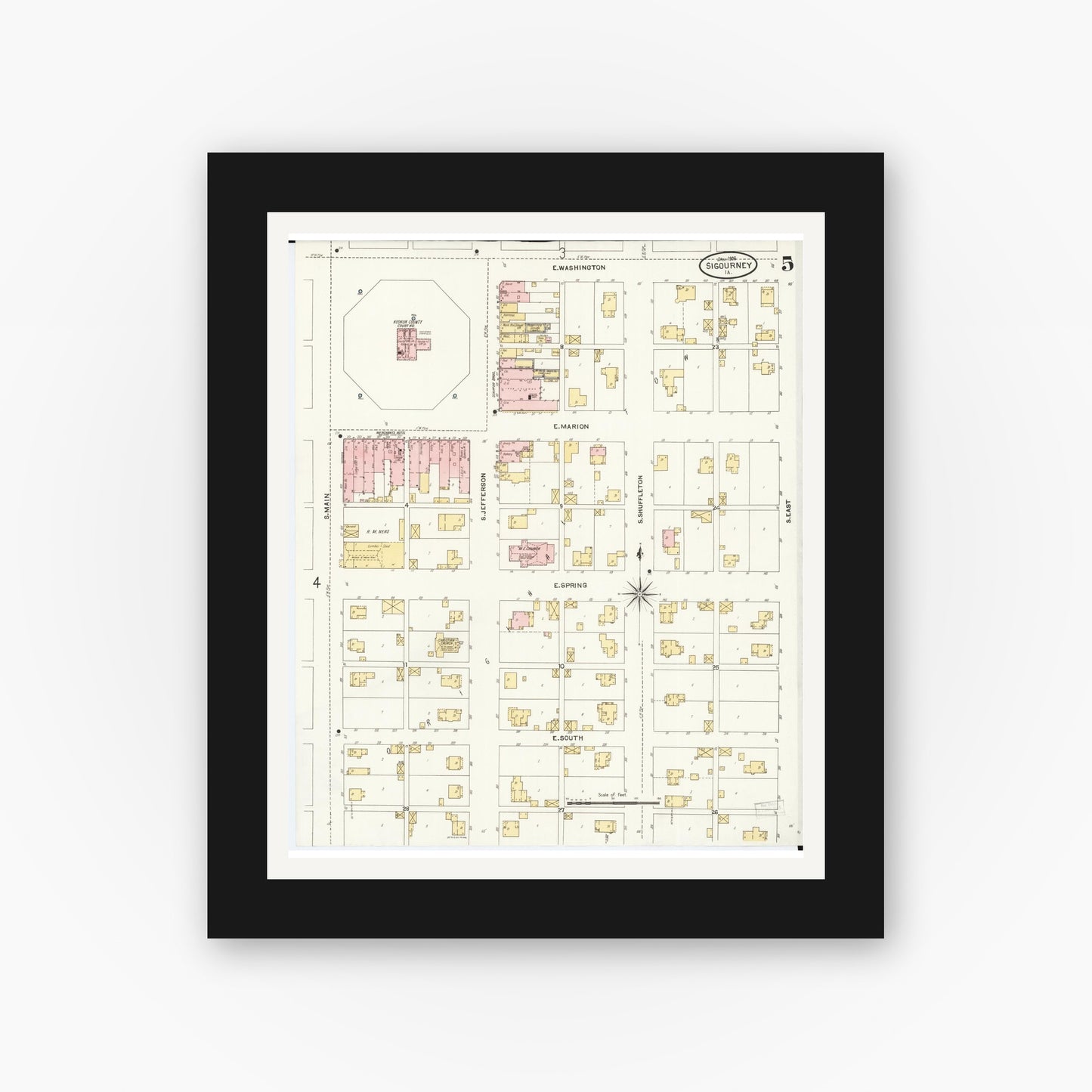 Old map wall art mockup — black gallery frame with white mat — Sanborn Fire Insurance Map from Sigourney, Kiokuk County, Iowa (1906), Sheet #0005