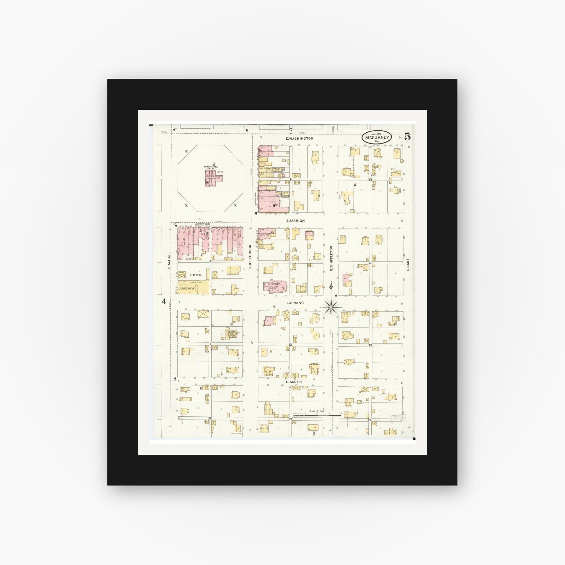 Old map wall art mockup — black gallery frame with white mat — Sanborn Fire Insurance Map from Sigourney, Kiokuk County, Iowa (1906), Sheet #0005