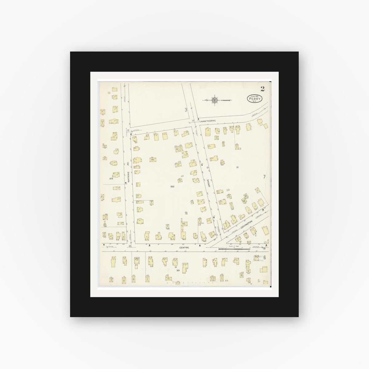 Old map wall art mockup — black gallery frame with white mat — Sanborn Fire Insurance Map from Perry, Wyoming County, New York (1913) - Complete Map Set