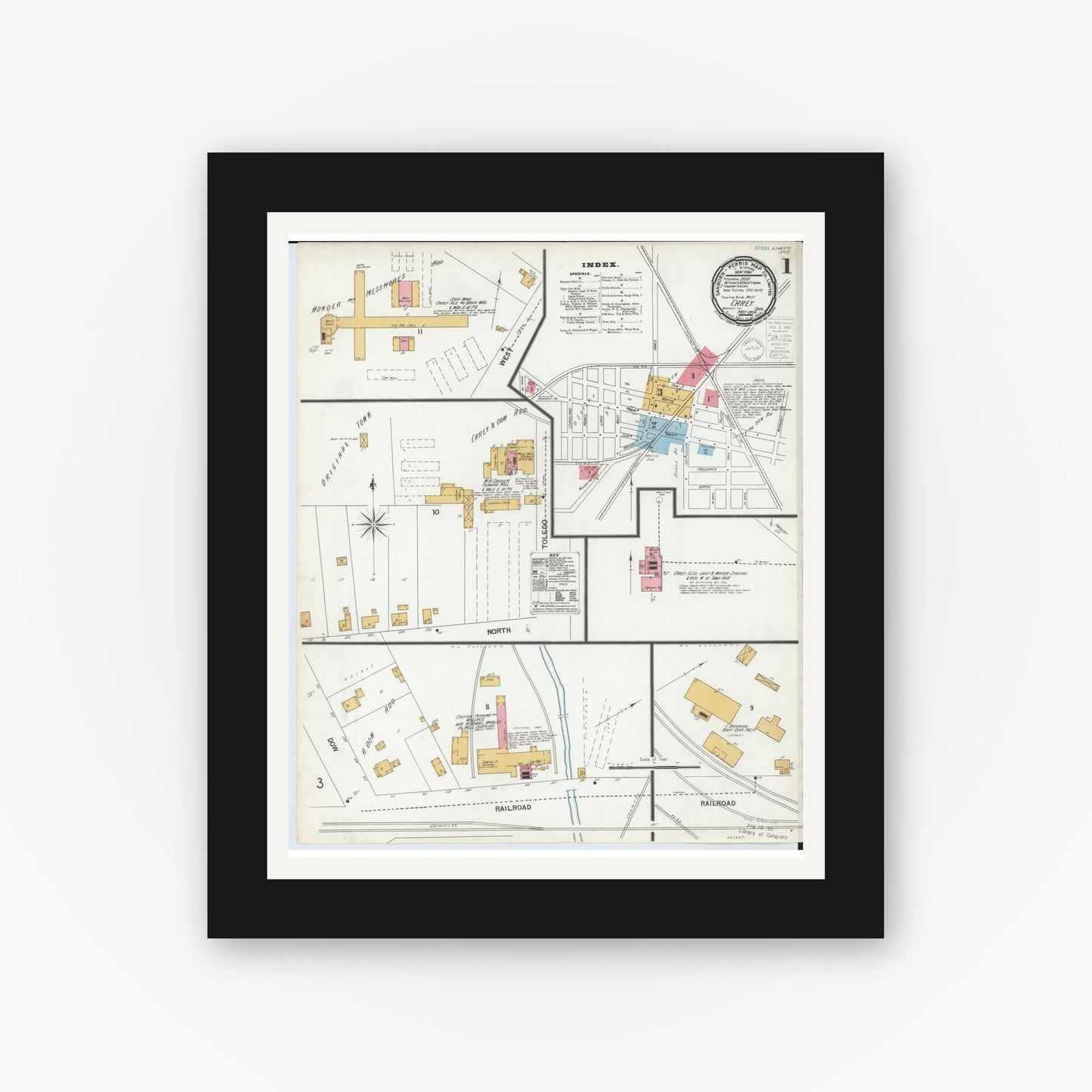 Old map wall art mockup — black gallery frame with white mat — Sanborn Fire Insurance Map from Carey, Wyandot County, Ohio (1900) - Complete Map Set