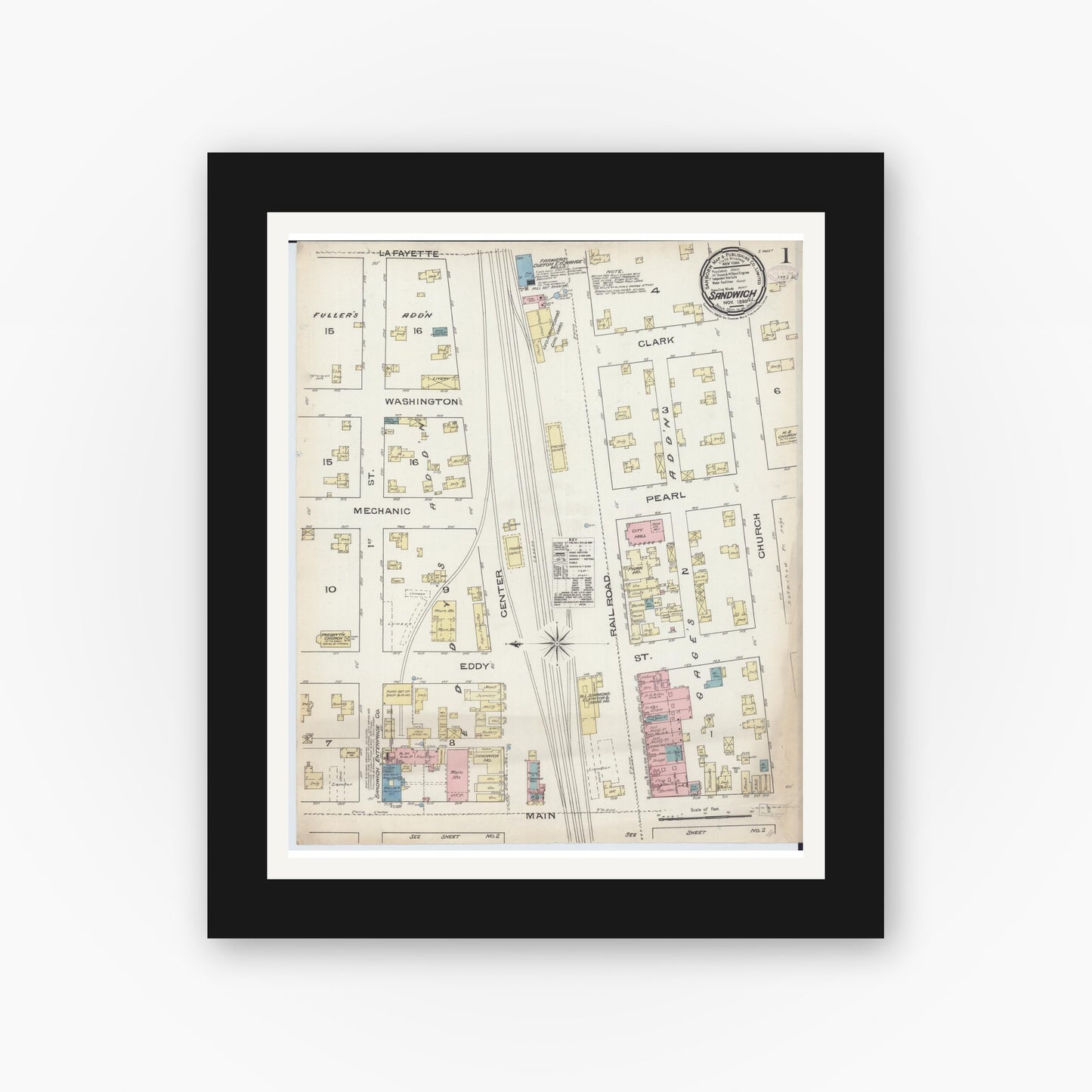 Old map wall art mockup — black gallery frame with white mat — Sanborn Fire Insurance Map from Sandwich, De Kalb County, Illinois (1885), Sheet #0001