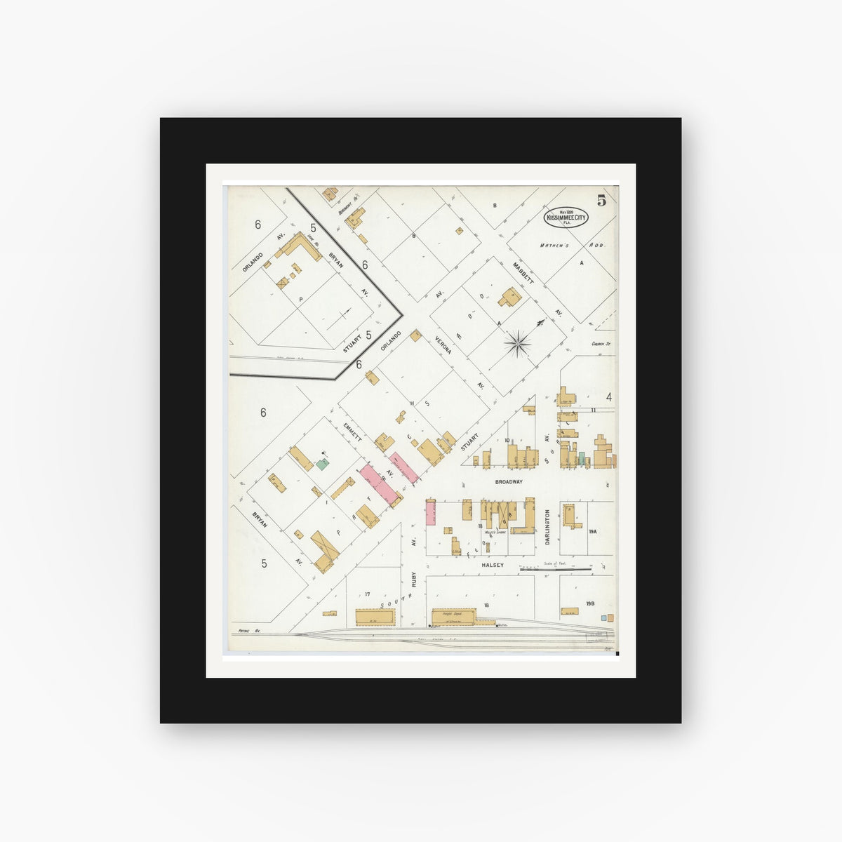 Old map wall art mockup — black gallery frame with white mat — Sanborn Fire Insurance Map from Kissimmee, Osceola County, Florida (1899), Sheet #0005