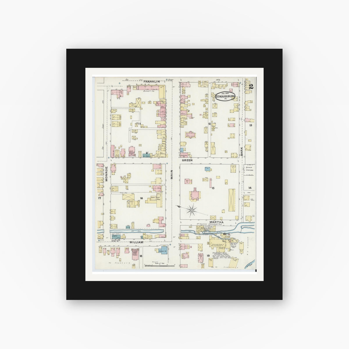 Old map wall art mockup — black gallery frame with white mat — Sanborn Fire Insurance Map from Stroudsburg, Monroe County, Pennsylvania (1892), Sheet #0002