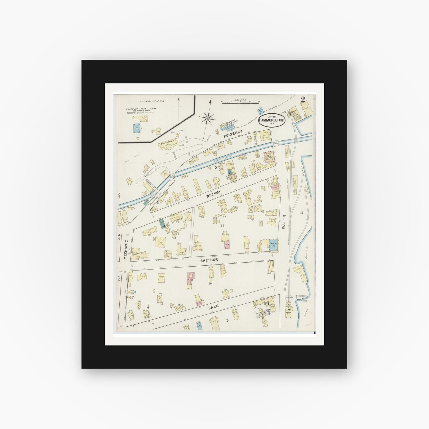 Old map wall art mockup — black gallery frame with white mat — Sanborn Fire Insurance Map from Hammondsport, Steuben County, New York (1887), Sheet #0002