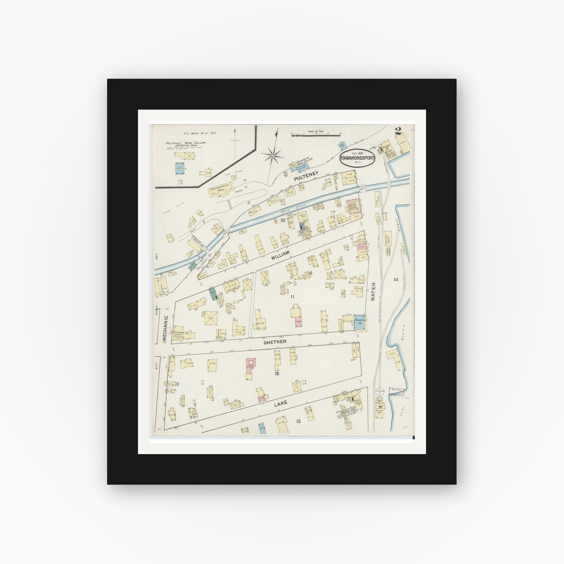 Old map wall art mockup — black gallery frame with white mat — Sanborn Fire Insurance Map from Hammondsport, Steuben County, New York (1887), Sheet #0002