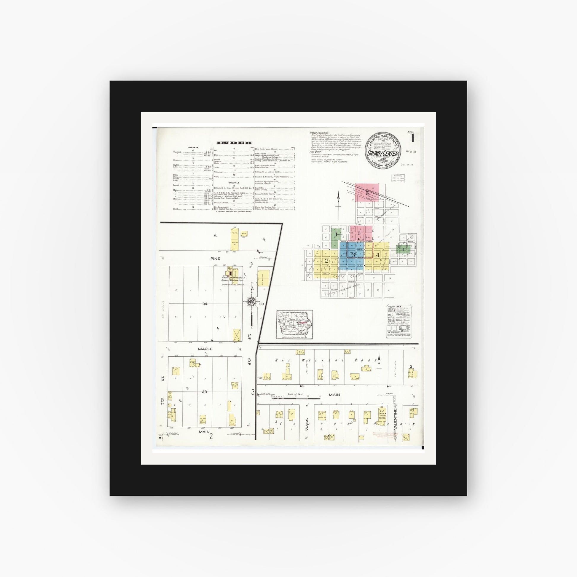Old map wall art mockup — black gallery frame with white mat — Sanborn Fire Insurance Map from Grundy Center, Grundy County, Iowa (1916) â€” Complete Set
