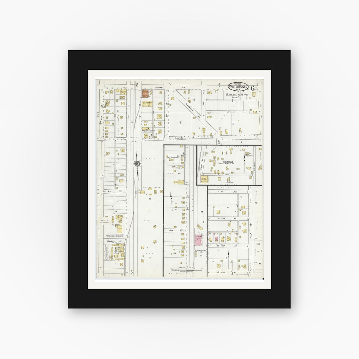 Old map wall art mockup — black gallery frame with white mat — Sanborn Fire Insurance Map from Winter Haven, Polk County, Florida (1919), Sheet #0006
