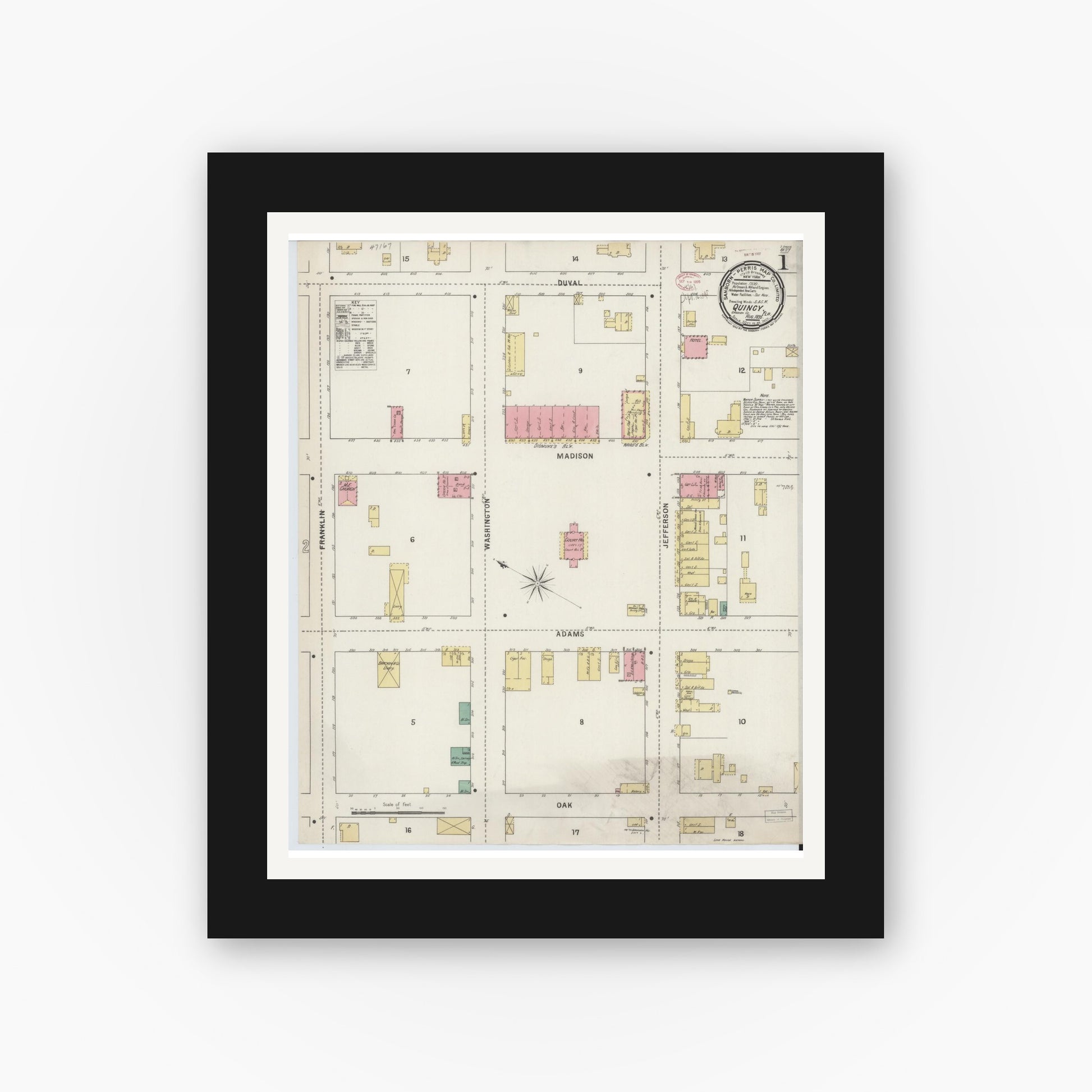 Old map wall art mockup — black gallery frame with white mat — Sanborn Fire Insurance Map from Quincy, Gadsden County, Florida (1895) - Complete Map Set