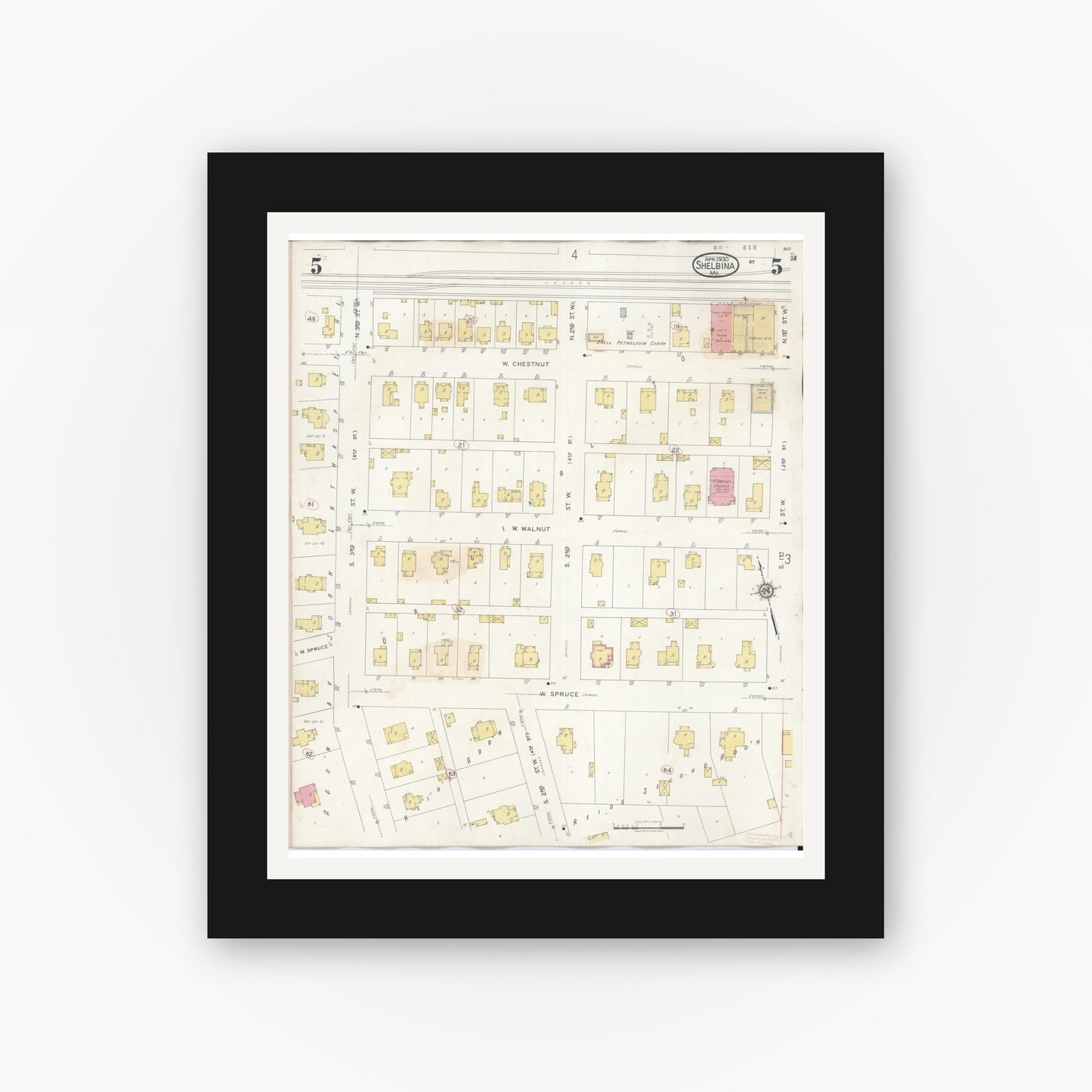 Old map wall art mockup — black gallery frame with white mat — Sanborn Fire Insurance Map from Shelbina, Shelby County, Missouri (1943), Sheet #0005