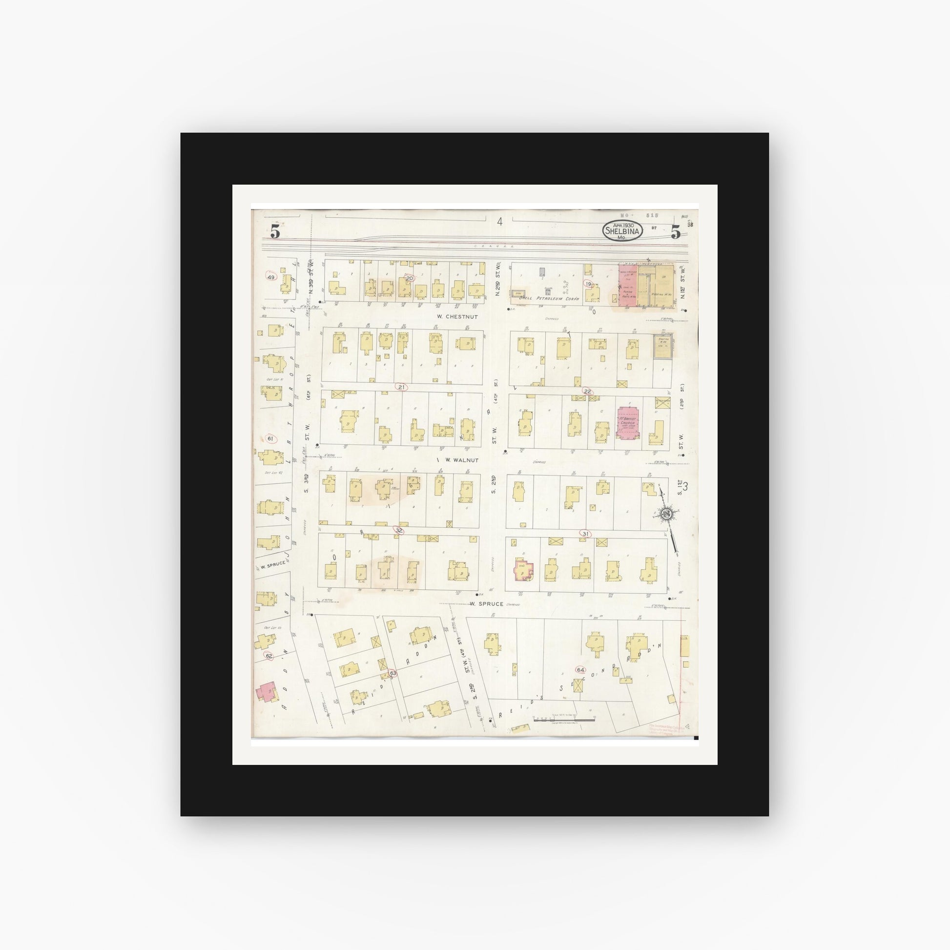 Old map wall art mockup — black gallery frame with white mat — Sanborn Fire Insurance Map from Shelbina, Shelby County, Missouri (1943), Sheet #0005