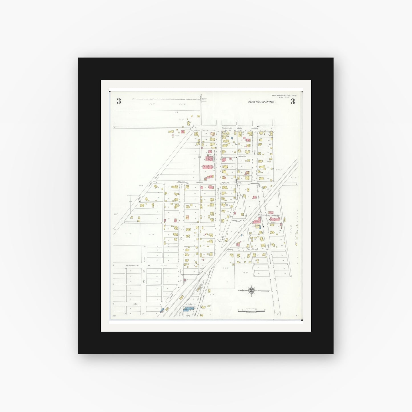Old map wall art mockup — black gallery frame with white mat — Sanborn Fire Insurance Map from New Washington, Crawford County, Ohio (1938), Sheet #0003