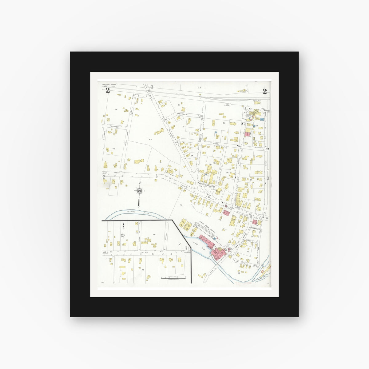 Old map wall art mockup — black gallery frame with white mat — Sanborn Fire Insurance Map from Medway, Norfolk County, Massachusetts (1933), Sheet #0002