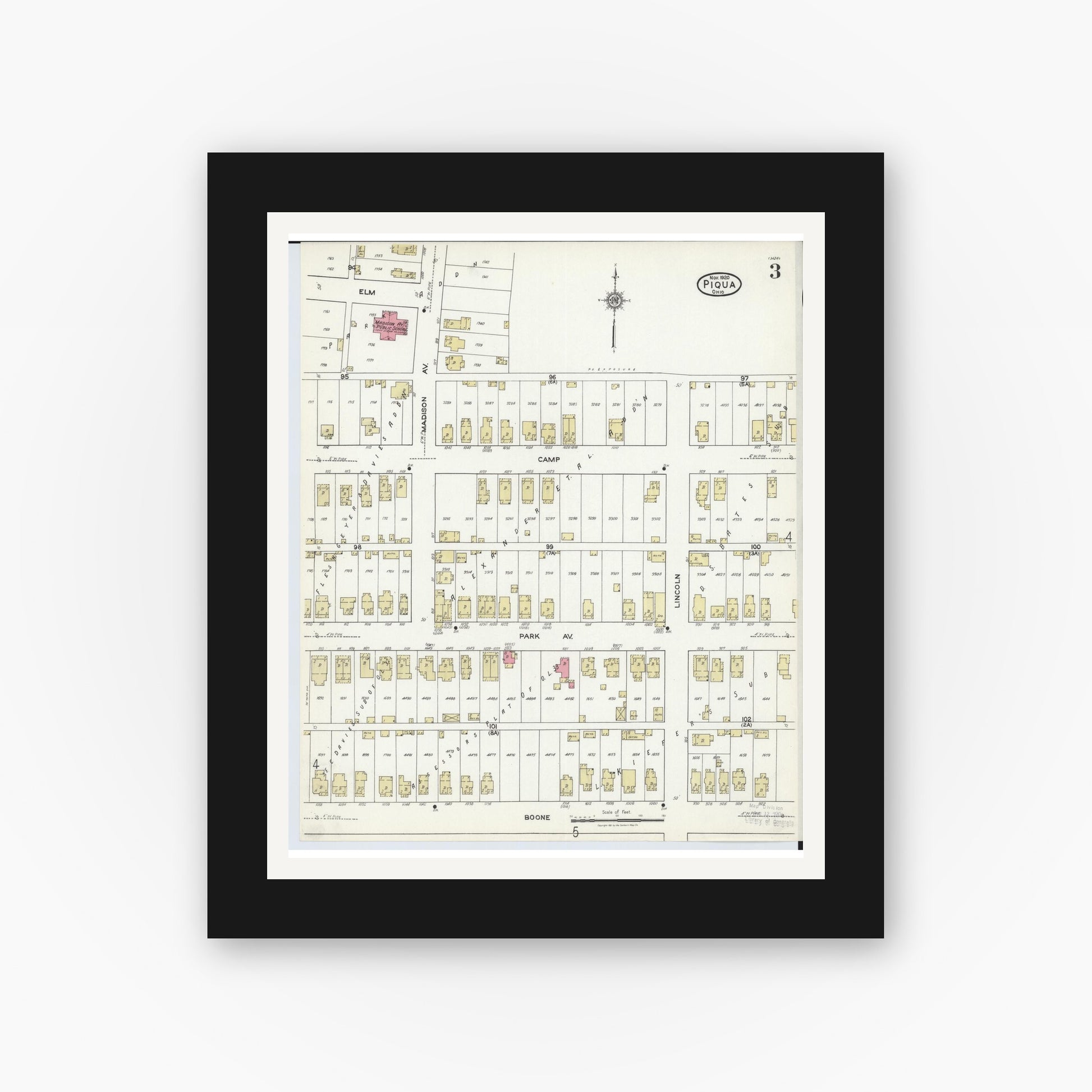 Old map wall art mockup — black gallery frame with white mat — Sanborn Fire Insurance Map from Piqua, Miami County, Ohio (1920), Sheet #0003