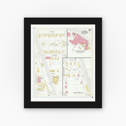 Old map wall art mockup — black gallery frame with white mat — Sanborn Fire Insurance Map from Fostoria, Seneca, Hancock, And Wood Counties, Ohio (1908), Sheet #0014