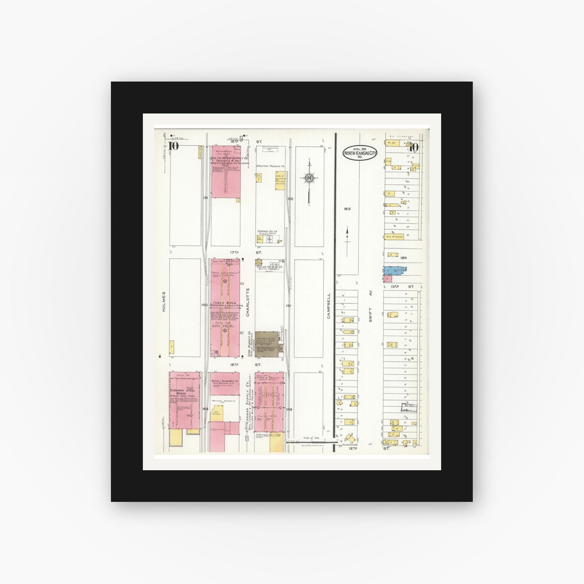 Old map wall art mockup — black gallery frame with white mat — Sanborn Fire Insurance Map from North Kansas City, Clay County, Missouri (1926), Sheet #0010