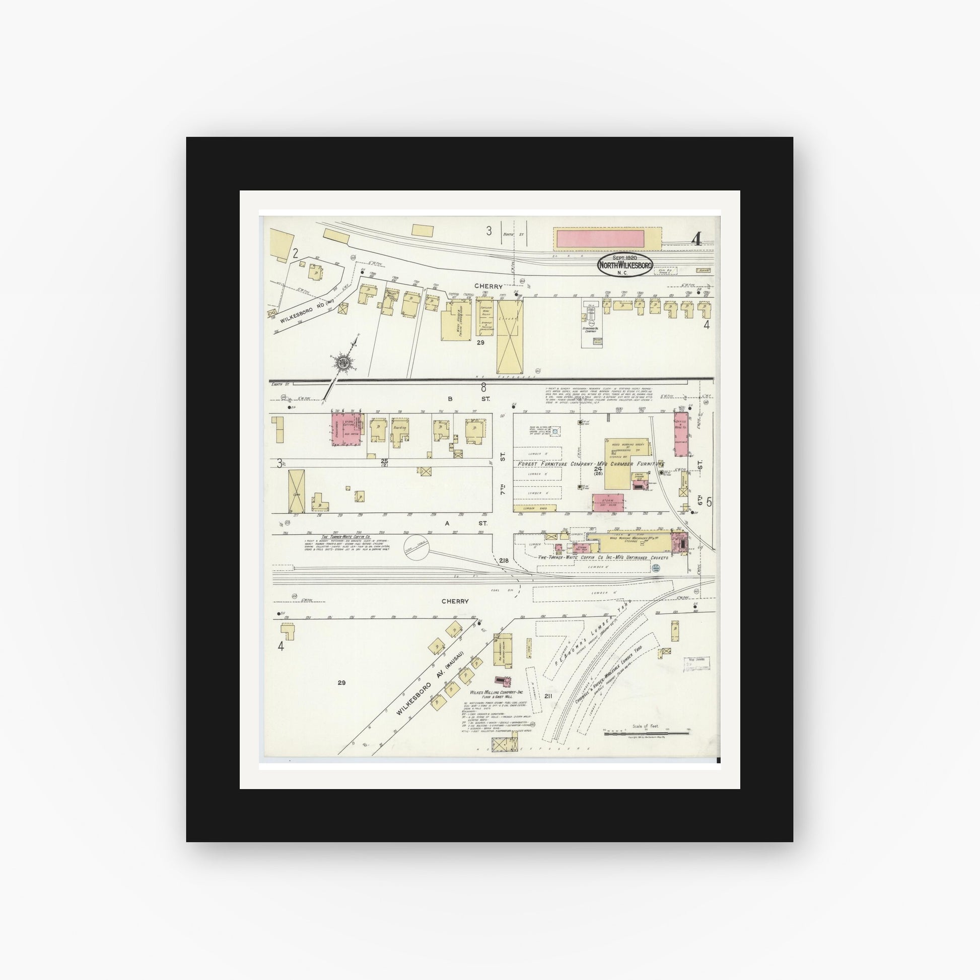 Old map wall art mockup — black gallery frame with white mat — Sanborn Fire Insurance Map from North Wilkesboro, Wilkes County, North Carolina (1920), Sheet #0004