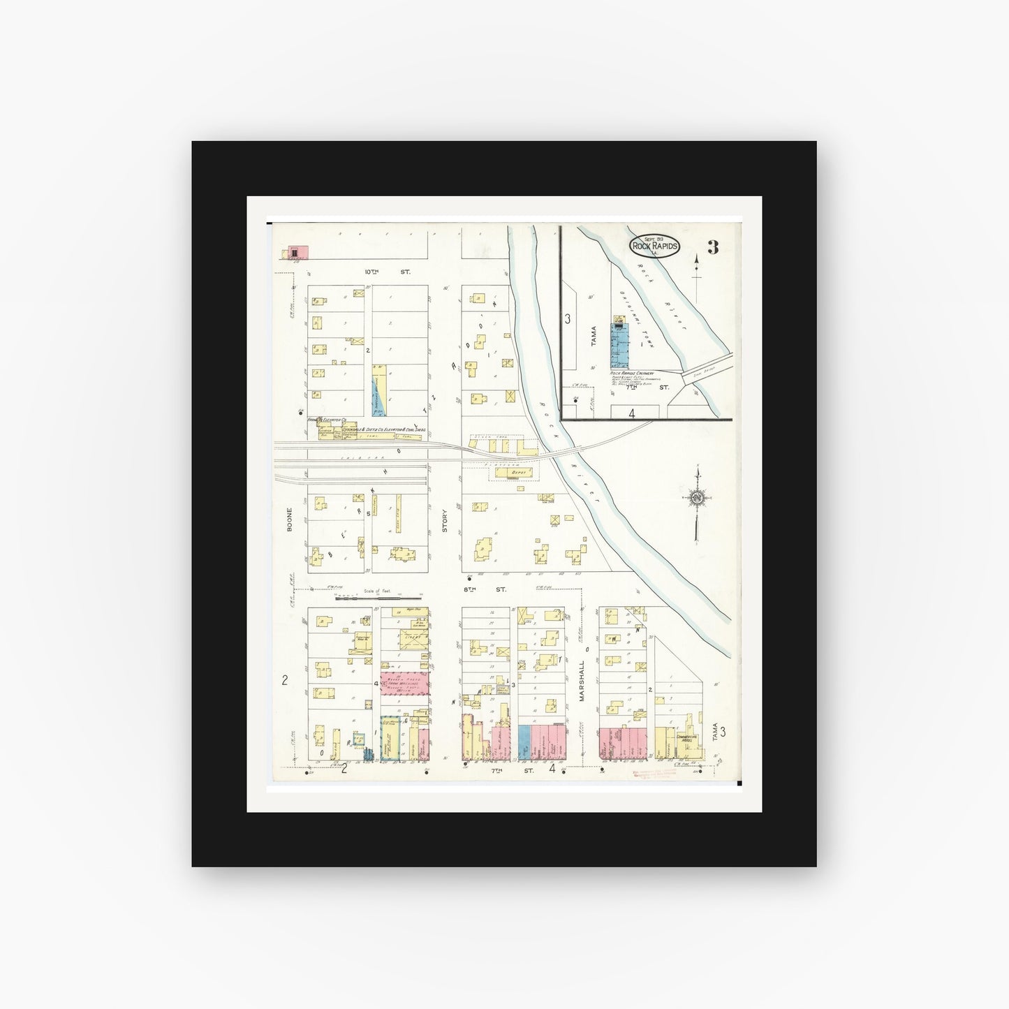 Old map wall art mockup — black gallery frame with white mat — Sanborn Fire Insurance Map from Rock Rapids, Lyon County, Iowa (1913), Sheet #0003