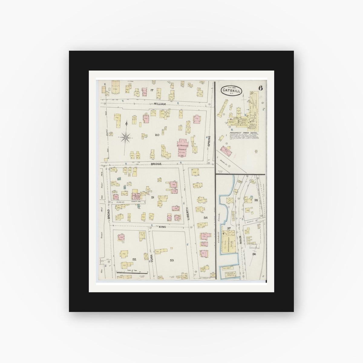 Old map wall art mockup — black gallery frame with white mat — Sanborn Fire Insurance Map from Catskill, Greene County, New York (1889), Sheet #0006