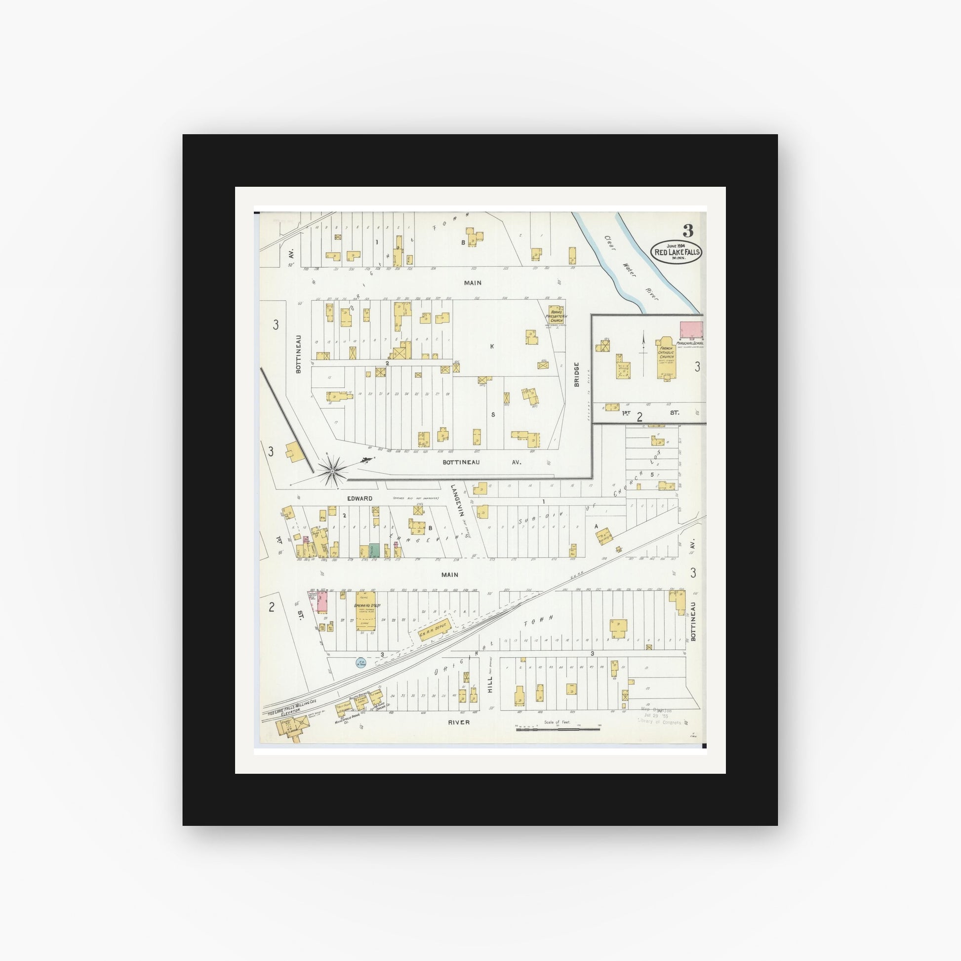 Old map wall art mockup — black gallery frame with white mat — Sanborn Fire Insurance Map from Red Lake Falls, Red Lake County, Minnesota (1904), Sheet #0003