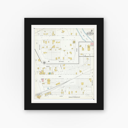 Old map wall art mockup — black gallery frame with white mat — Sanborn Fire Insurance Map from Red Lake Falls, Red Lake County, Minnesota (1904), Sheet #0003