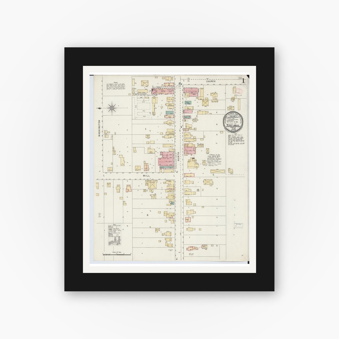 Old map wall art mockup — black gallery frame with white mat — Sanborn Fire Insurance Map from Zeeland, Ottawa County, Michigan (1895), Sheet #0001