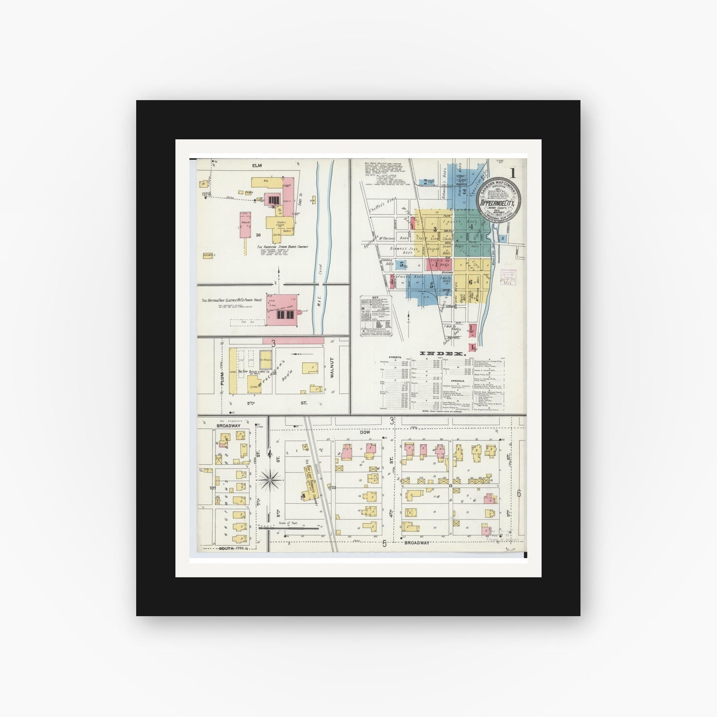 Old map wall art mockup — black gallery frame with white mat — Sanborn Fire Insurance Map from Tipp City, Miami County, Ohio (1905), Sheet #0001