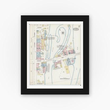 Old map wall art mockup — black gallery frame with white mat — Sanborn Fire Insurance Map from Aurora, Kane County, Illinois (1888), Sheet #0007