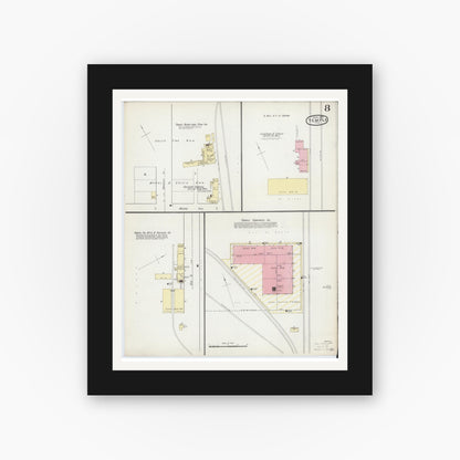 Old map wall art mockup — black gallery frame with white mat — Sanborn Fire Insurance Map from Temple, Bell County, Texas (1893), Sheet #0008