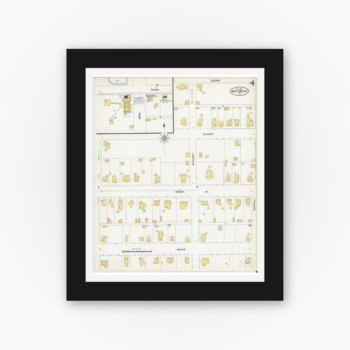 Old map wall art mockup — black gallery frame with white mat — Sanborn Fire Insurance Map from Whitewright, Grayson County, Texas (1905), Sheet #0004