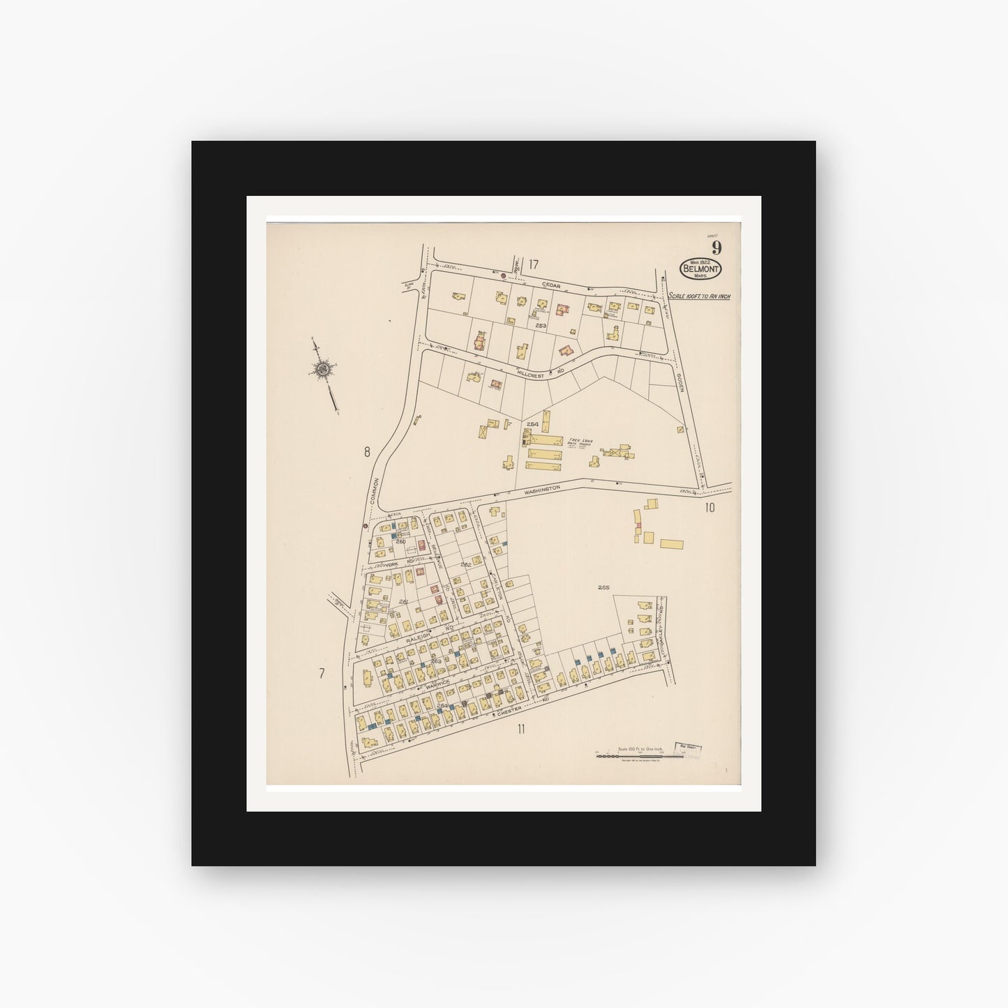 Old map wall art mockup — black gallery frame with white mat — Sanborn Fire Insurance Map from Belmont, Middlesex County, Massachusetts (1922), Sheet #0009