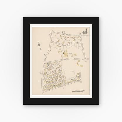 Old map wall art mockup — black gallery frame with white mat — Sanborn Fire Insurance Map from Belmont, Middlesex County, Massachusetts (1922), Sheet #0009