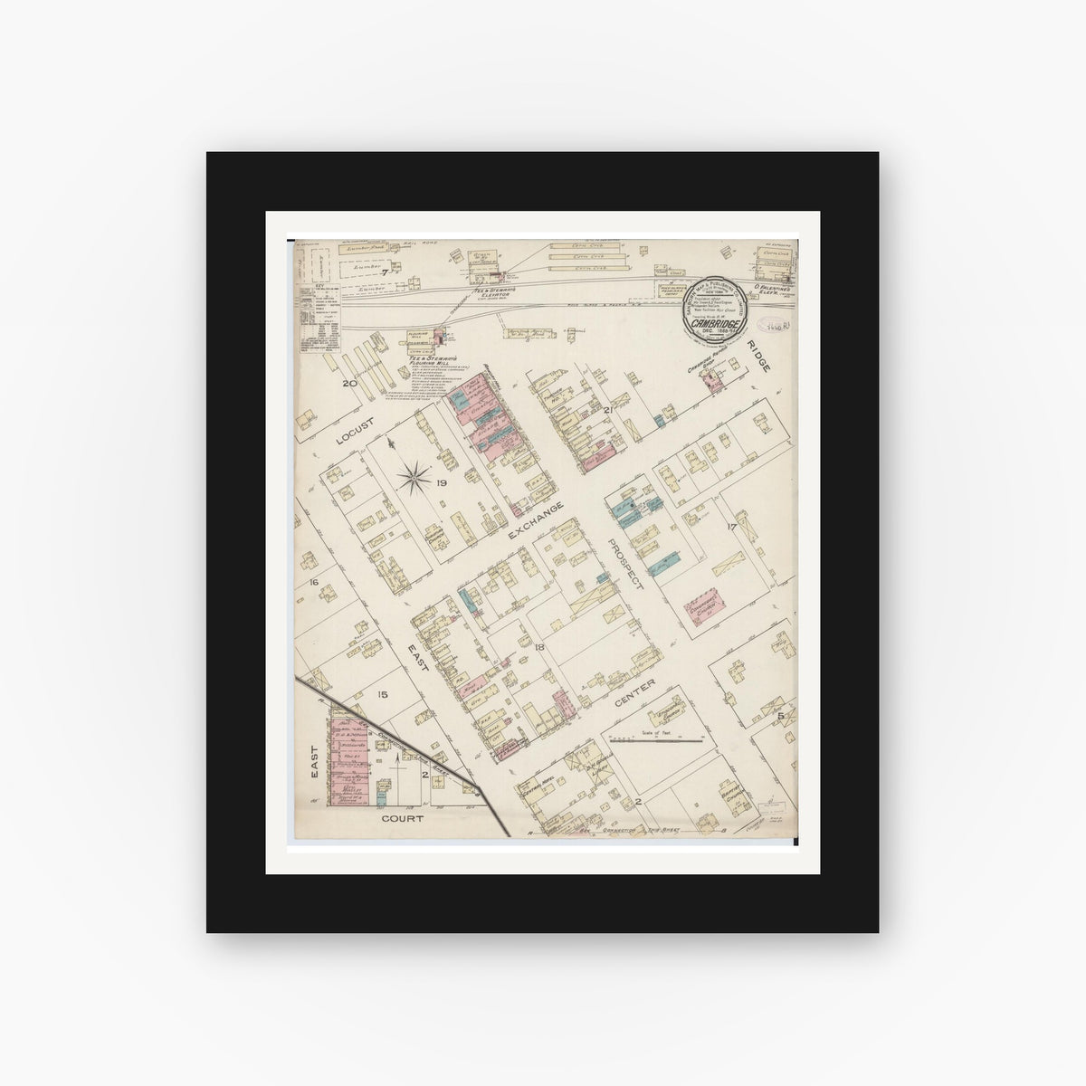 Old map wall art mockup — black gallery frame with white mat — Sanborn Fire Insurance Map from Cambridge, Henry County, Illinois (1885), Sheet #0001