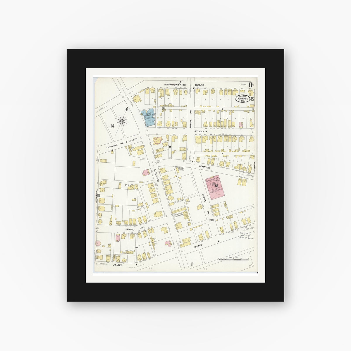 Old map wall art mockup — black gallery frame with white mat — Sanborn Fire Insurance Map from Latrobe, Westmoreland County, Pennsylvania (1909), Sheet #0009