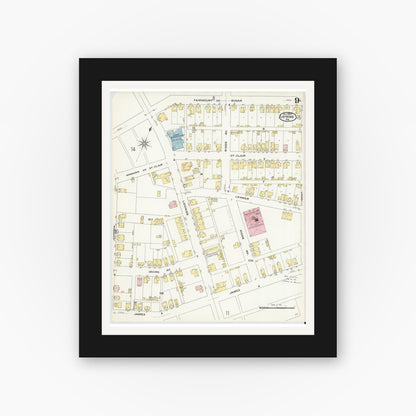 Old map wall art mockup — black gallery frame with white mat — Sanborn Fire Insurance Map from Latrobe, Westmoreland County, Pennsylvania (1909), Sheet #0009