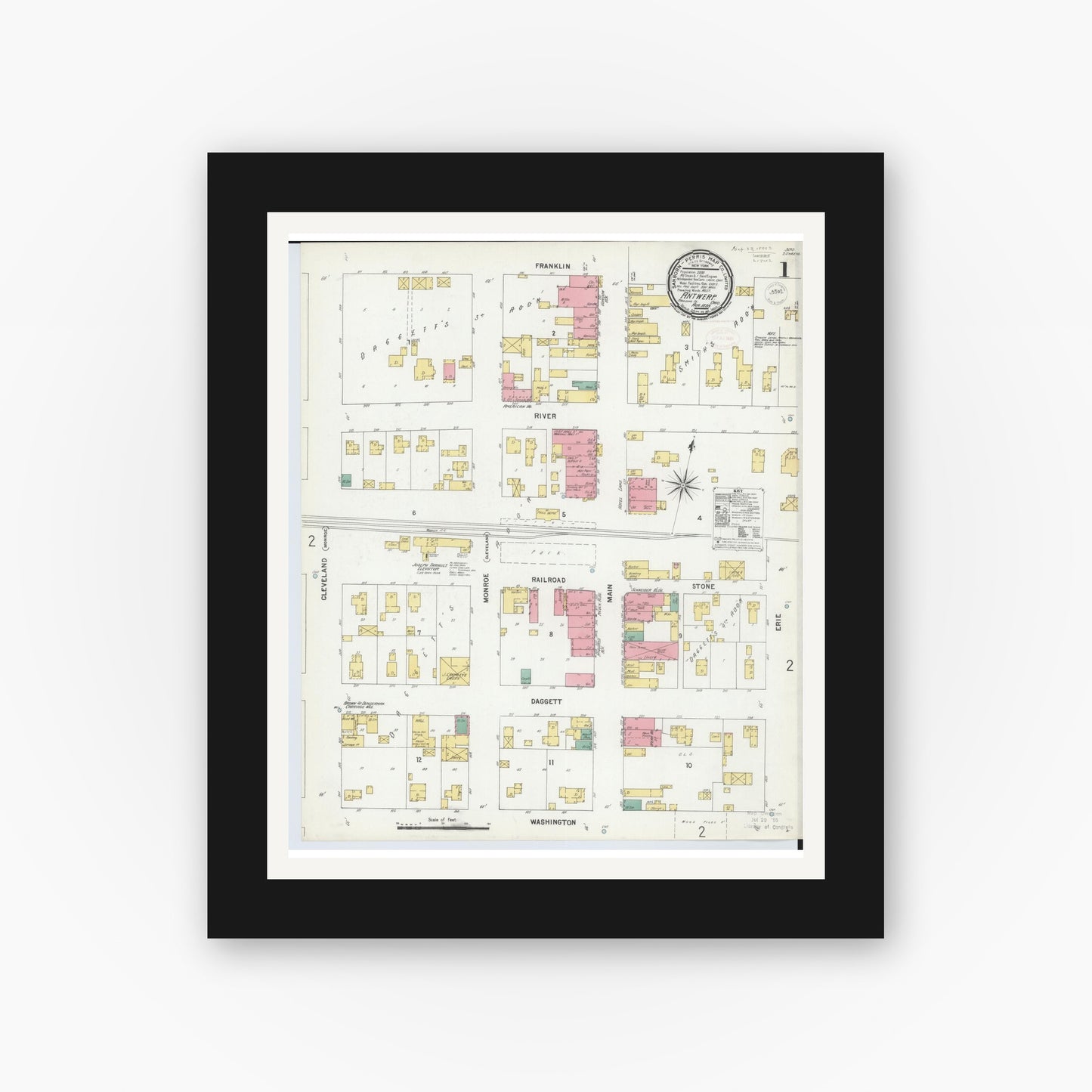 Old map wall art mockup — black gallery frame with white mat — Sanborn Fire Insurance Map from Antwerp, Paulding County, Ohio (1899) - Complete Map Set