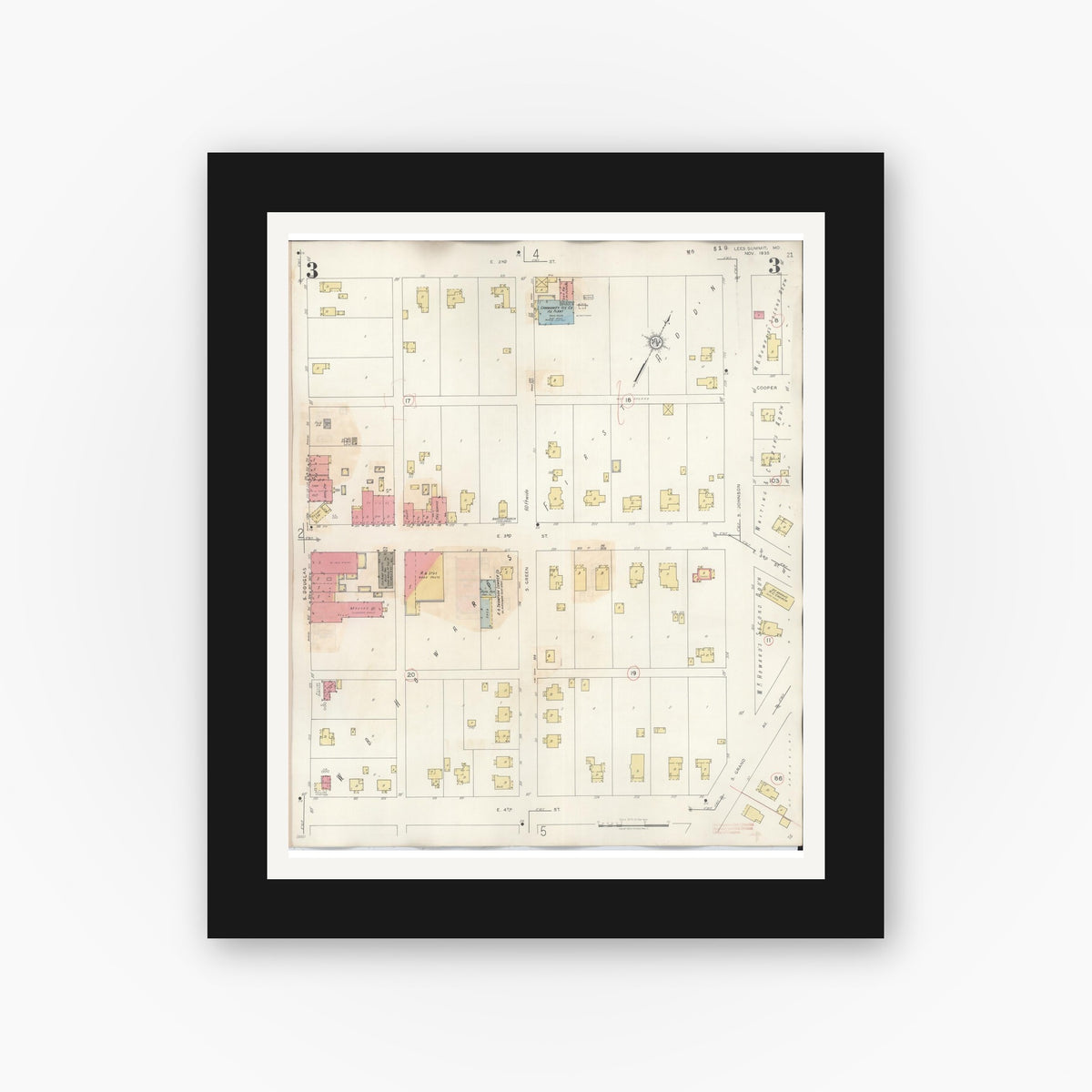 Old map wall art mockup — black gallery frame with white mat — Sanborn Fire Insurance Map from Lee's Summit, Jackson County, Missouri (1945), Sheet #0003