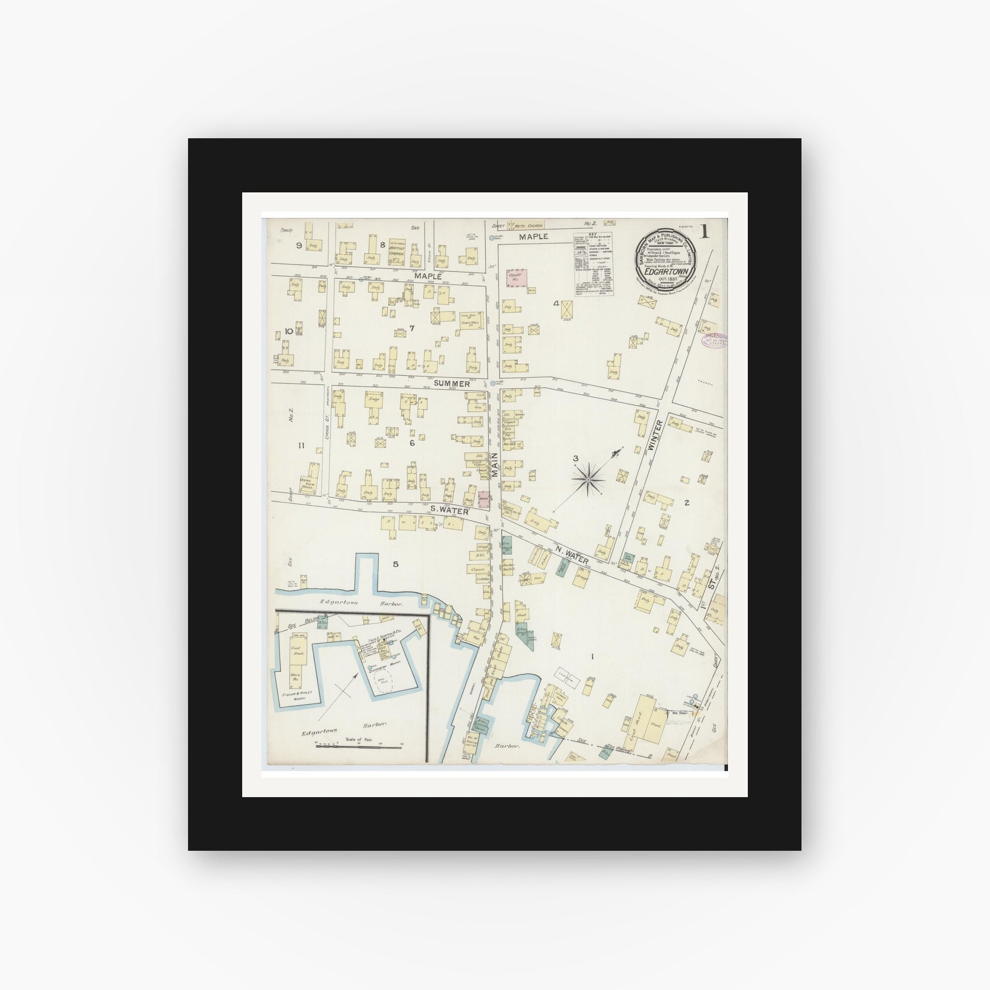 Old map wall art mockup — black gallery frame with white mat — Sanborn Fire Insurance Map from Edgartown, Dukes County, Massachusetts (1887), Sheet #0001