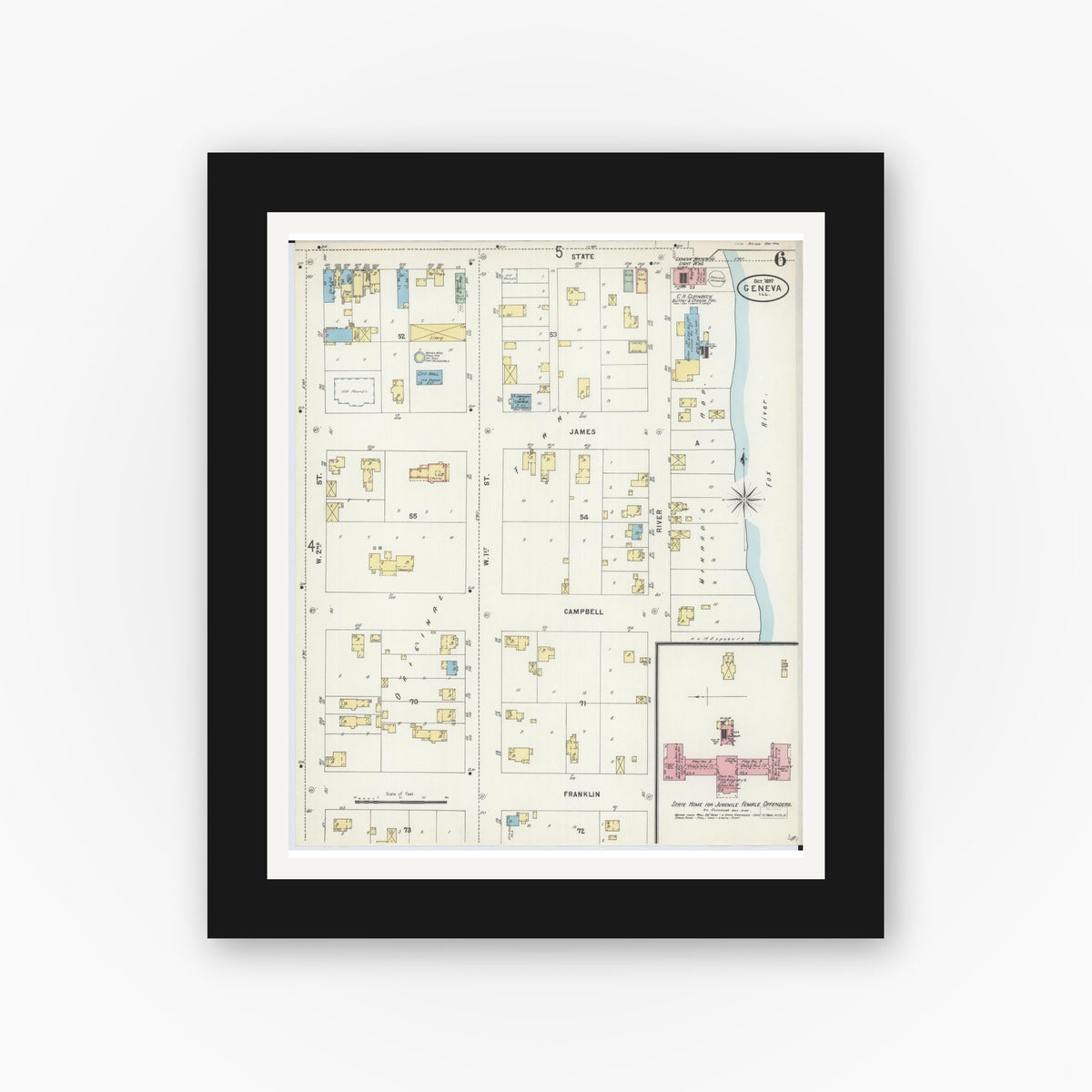 Old map wall art mockup — black gallery frame with white mat — Sanborn Fire Insurance Map from Geneva, Kane County, Illinois (1897), Sheet #0006