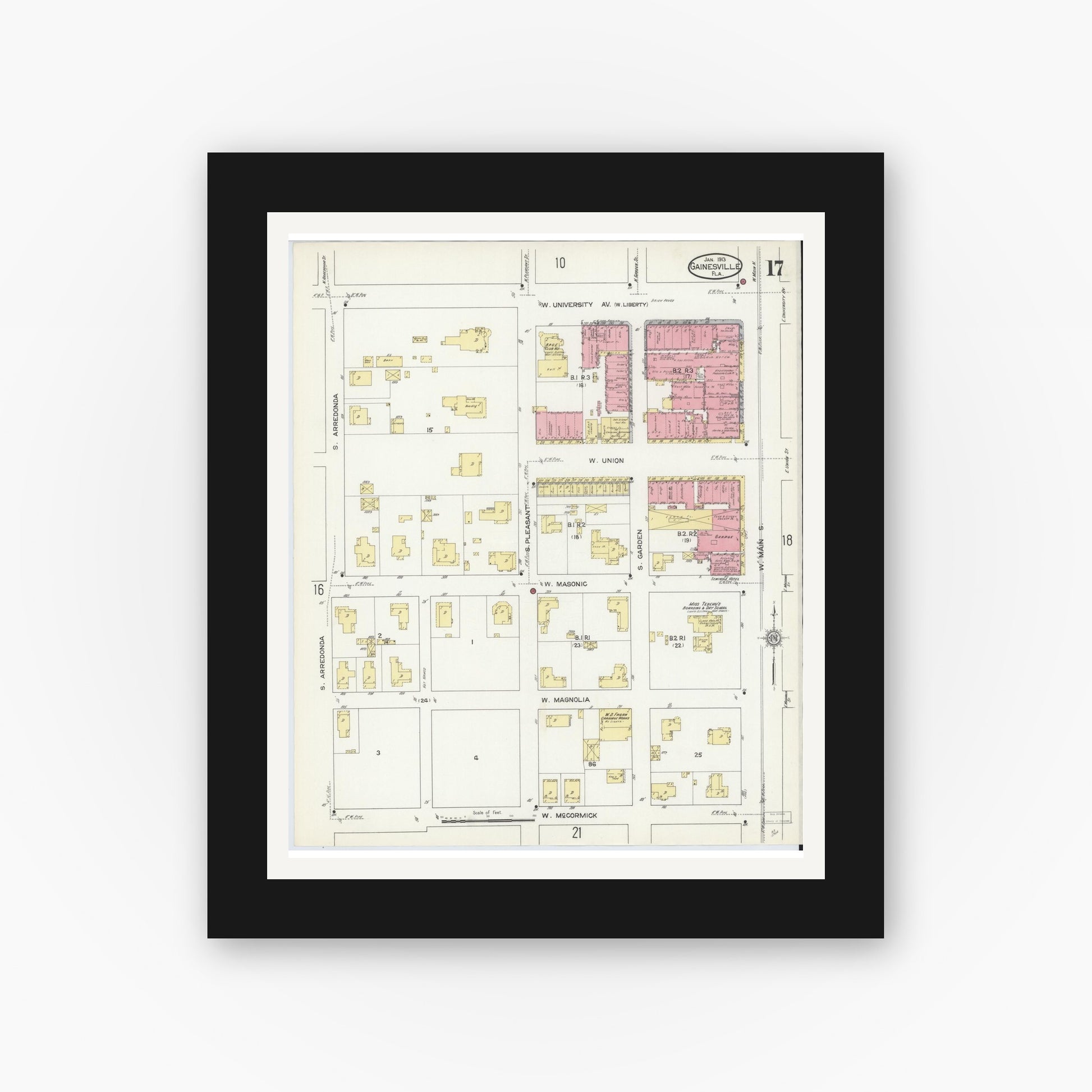 Old map wall art mockup — black gallery frame with white mat — Sanborn Fire Insurance Map from Gainesville, Alachua County, Florida (1913), Sheet #0017