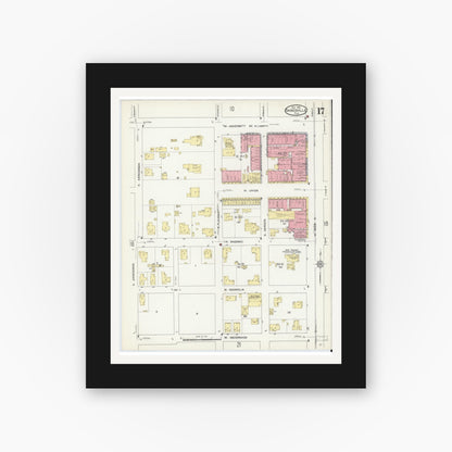 Old map wall art mockup — black gallery frame with white mat — Sanborn Fire Insurance Map from Gainesville, Alachua County, Florida (1913), Sheet #0017