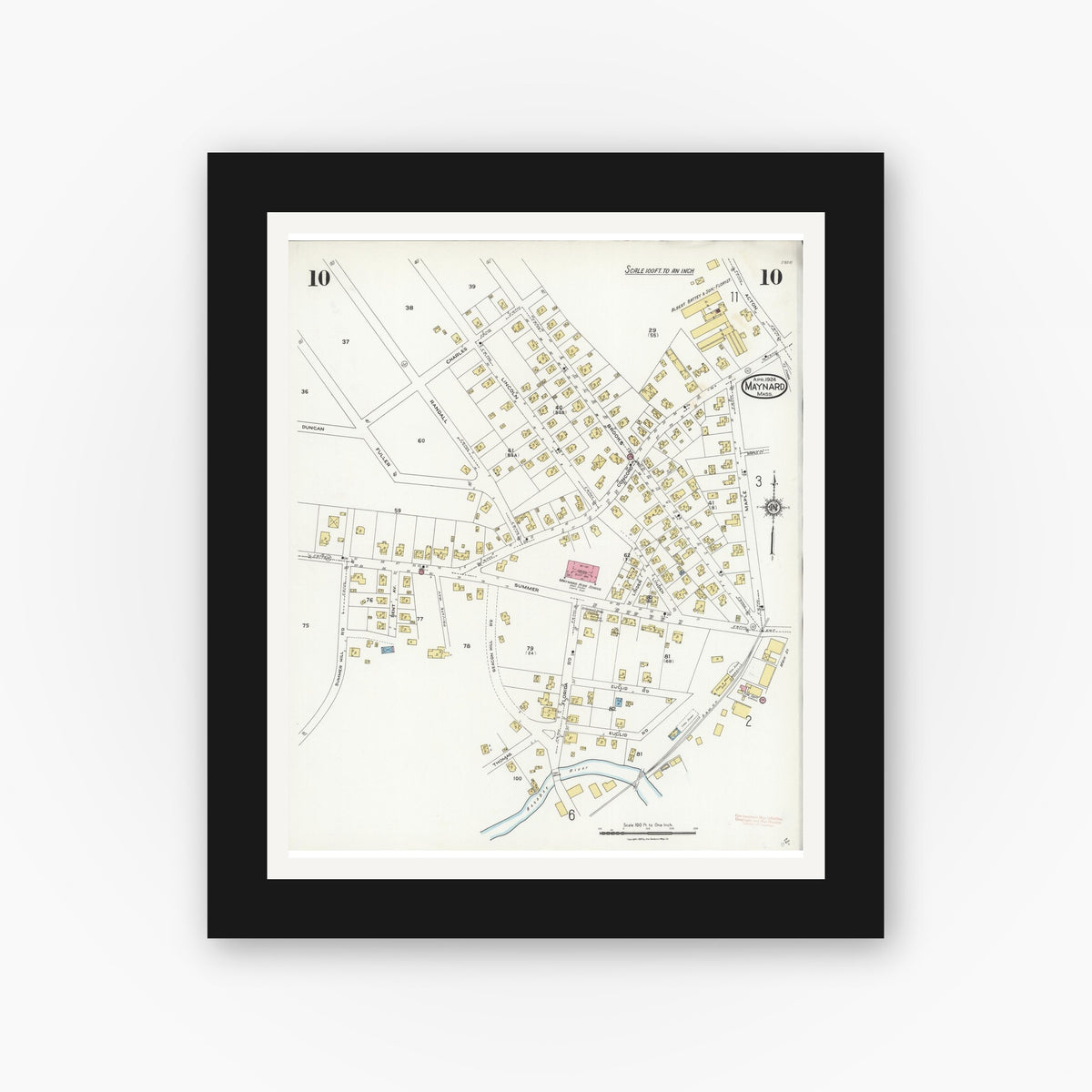 Old map wall art mockup — black gallery frame with white mat — Sanborn Fire Insurance Map from Maynard, Middlesex County, Massachusetts (1924), Sheet #0010